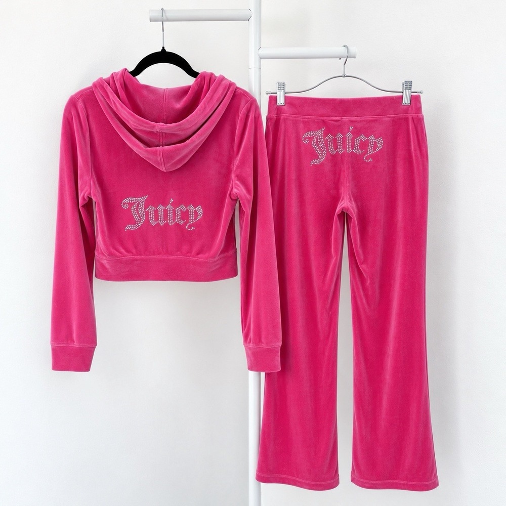 Juicy Couture Velour Tracksuit Set Womens Medium Pink Bling Rhinestone Low Rise